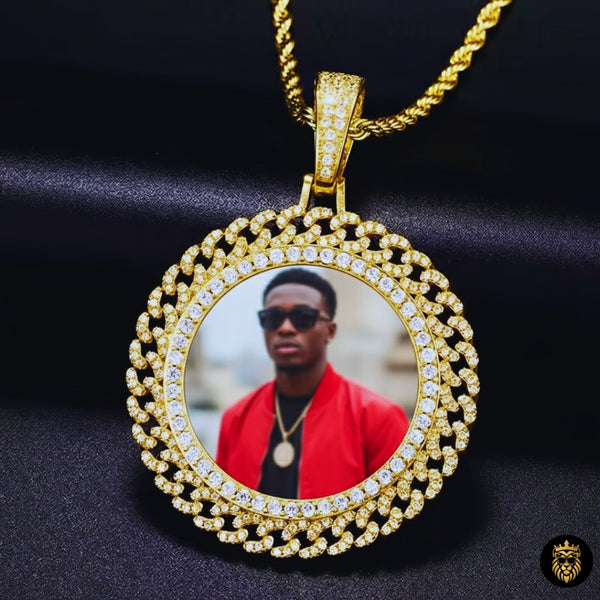 Close-up front view of Cuban link custom photo memory medallion necklace in gold finish showing pendant detail