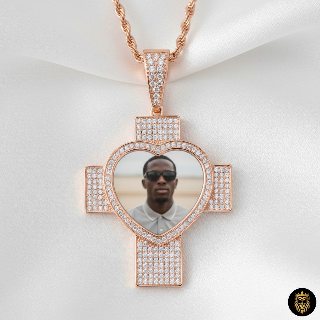 Custom cross photo pendant necklace with gold finish and hip hop design
