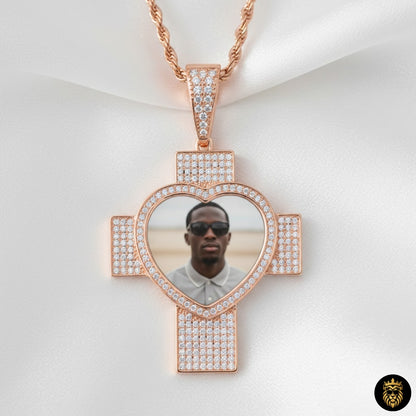 Custom cross photo pendant necklace with gold finish and hip hop design
