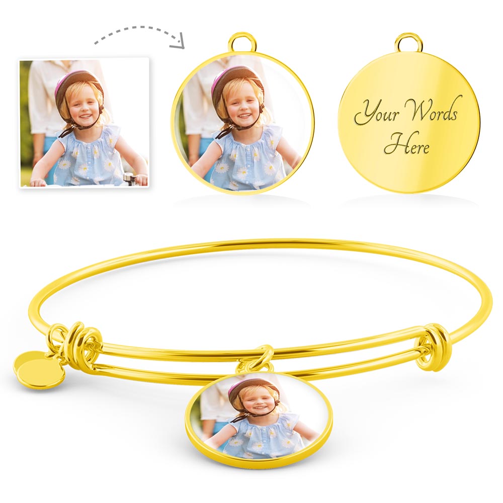 Custom engraved bracelet featuring child photo keepsake