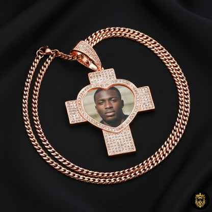 Custom cross pendant open view showing inserted photo
