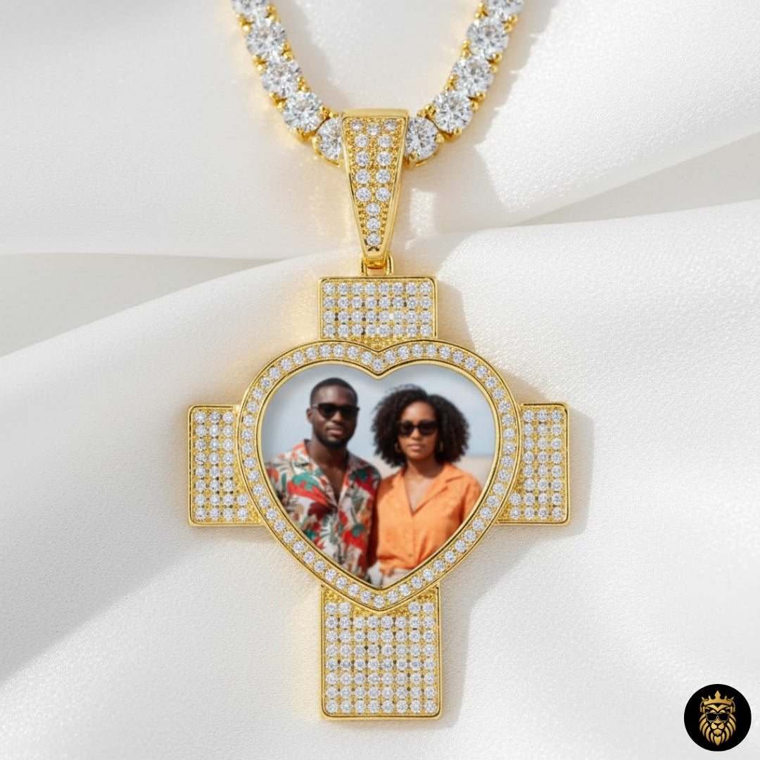Iced-out cross medallion necklace with custom picture
