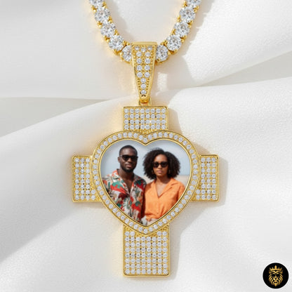 Iced-out cross medallion necklace with custom picture

