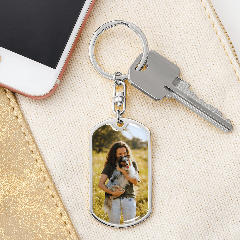 Personalized dog tag keychain with custom engraved photo