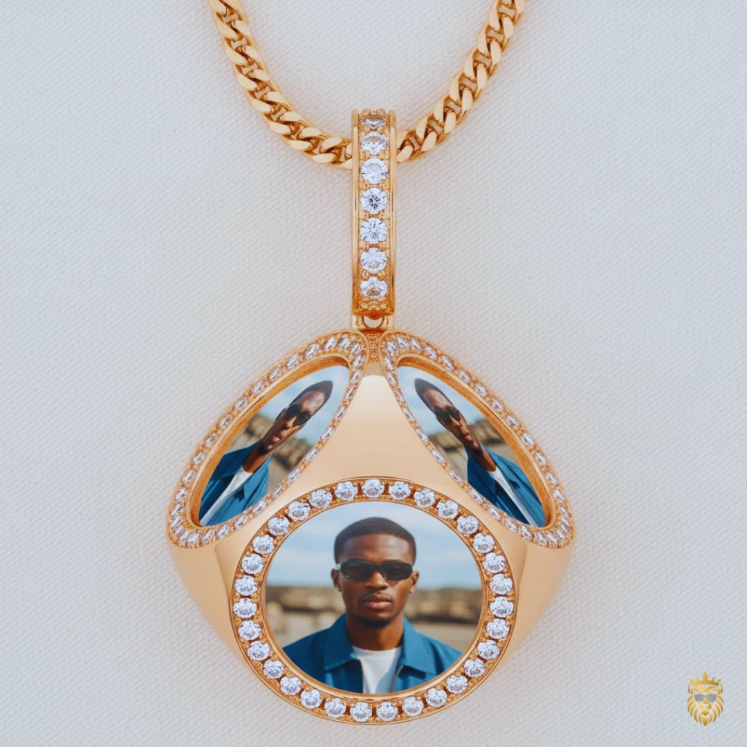 Hip hop style photo medallion necklace with gold finish