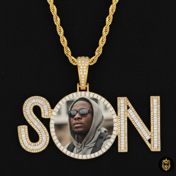 Custom photo memory letter pendant medallion necklace in gold finish