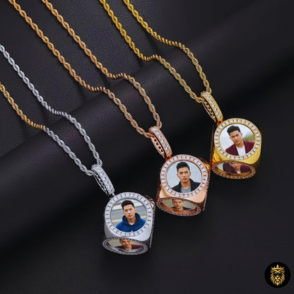 Gold medallion pendant necklace with custom image and Cuban chain