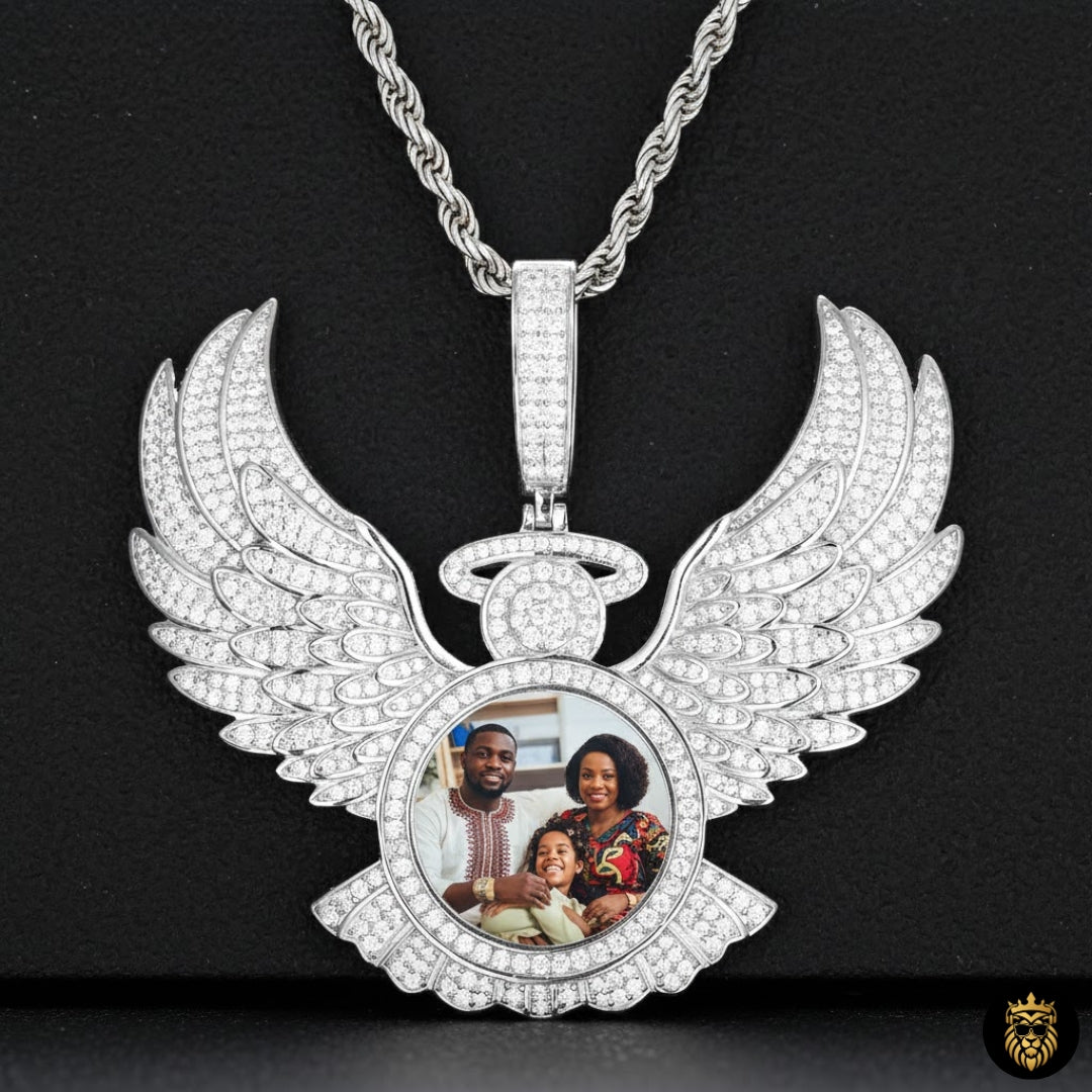 Custom angel wing photo pendant necklace with gold hip hop design and personalized picture insert
