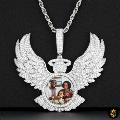 Custom angel wing photo pendant necklace with gold hip hop design and personalized picture insert
