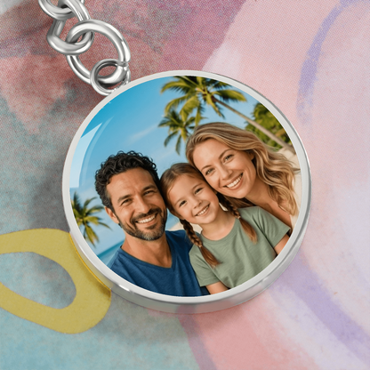 Round photo keychain designed for family gift with custom image inside