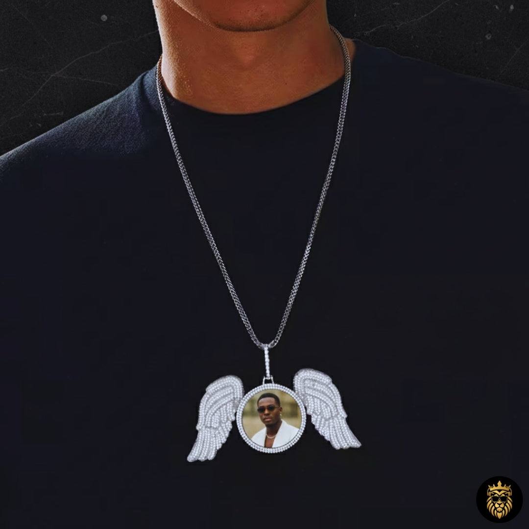 Angel wing custom engraved pendant necklace with photo inside
