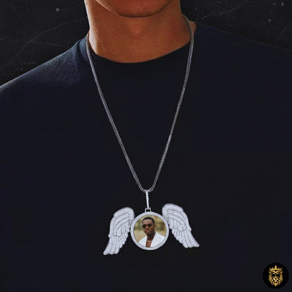 Angel wing custom engraved pendant necklace with photo inside

