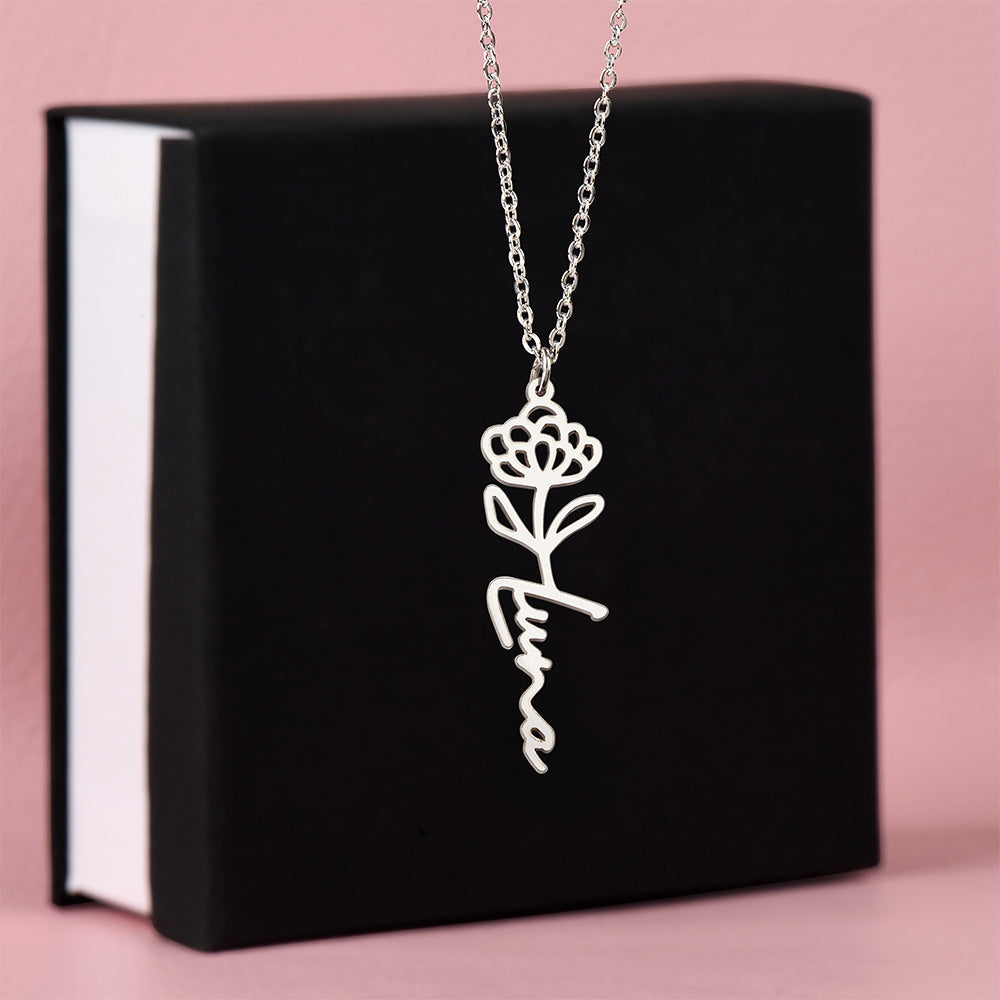Luxury floral name necklace with engraved custom name detail