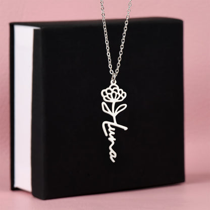 Luxury floral name necklace with engraved custom name detail
