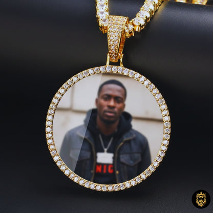 Front view of custom engraved photo medallion necklace premium quality