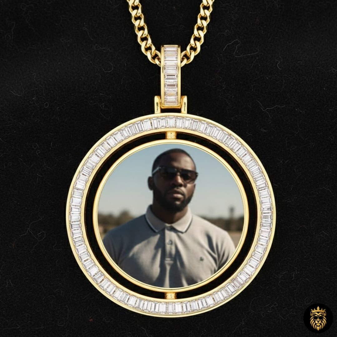 Custom engraved photo pendant necklace displayed on black luxury background
