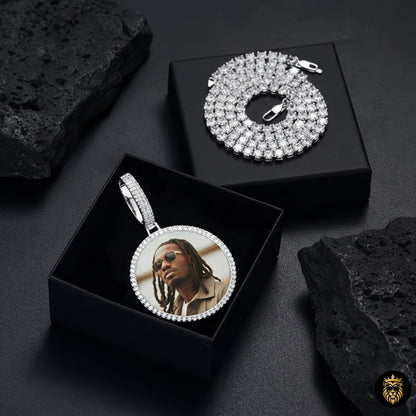Back view of custom medallion necklace showing engraving surface and finish