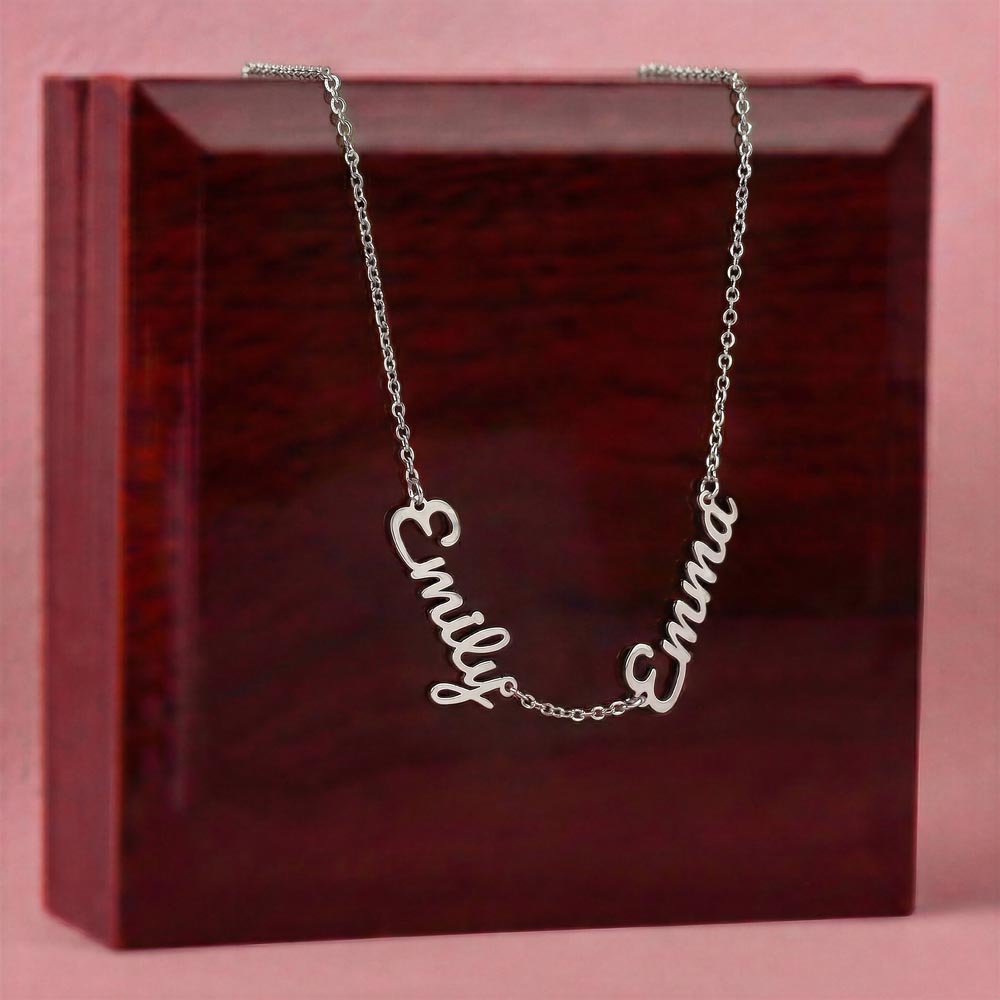 Stylish custom family name necklace showcasing engraved names in layered pendant style