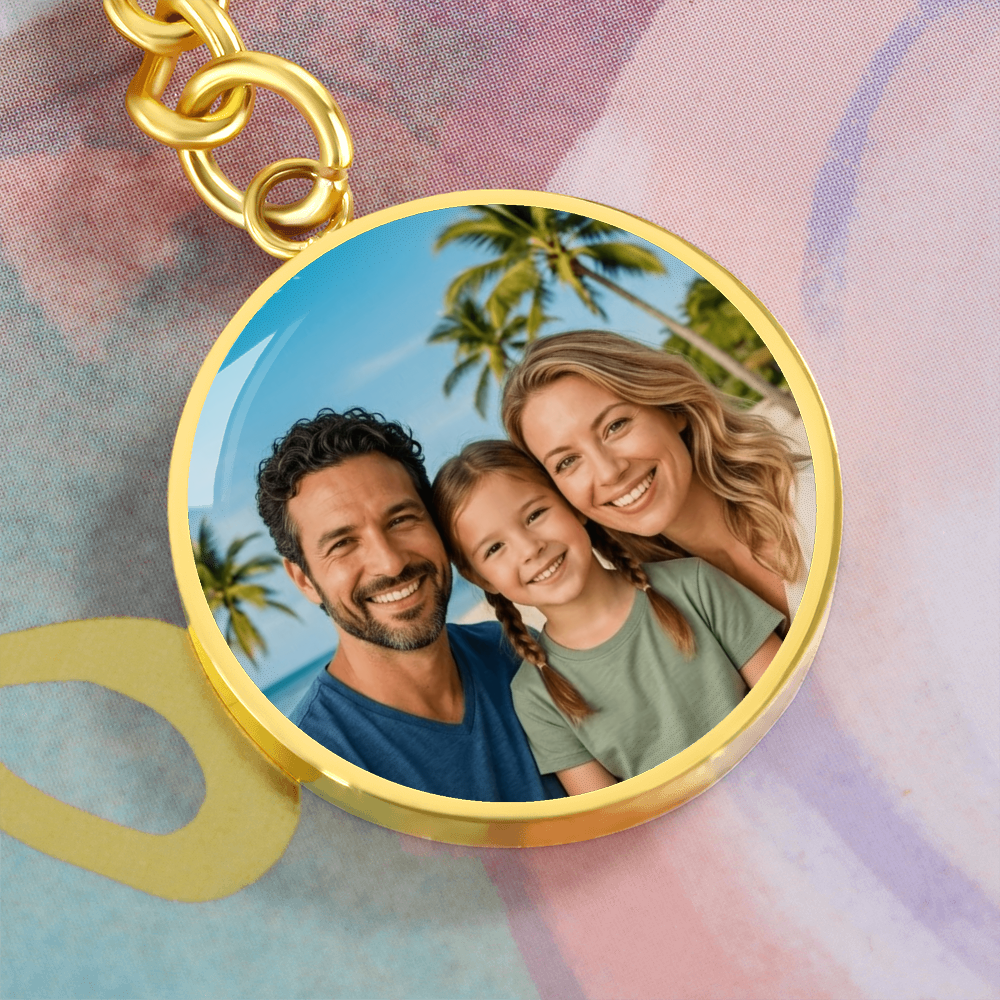 Personalized medallion style keychain with custom printed photo