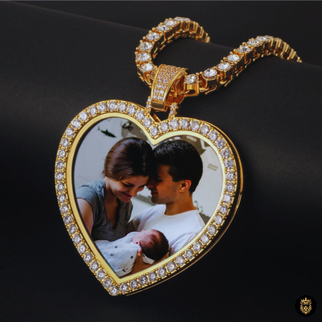 Gold custom heart photo medallion necklace showing personalized picture inside pendant