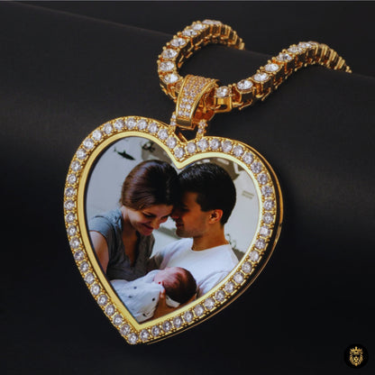 Gold custom heart photo medallion necklace showing personalized picture inside pendant