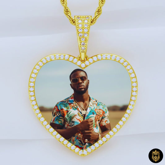 Gold heart-shaped custom photo pendant necklace with iced-out stones
