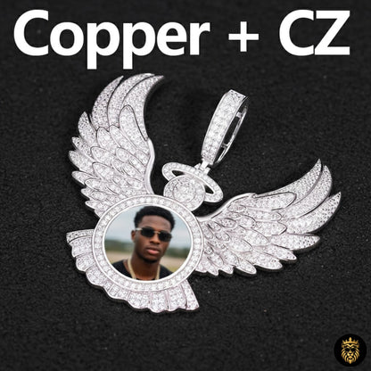 Heart-style custom photo pendant necklace with angel wing accents
