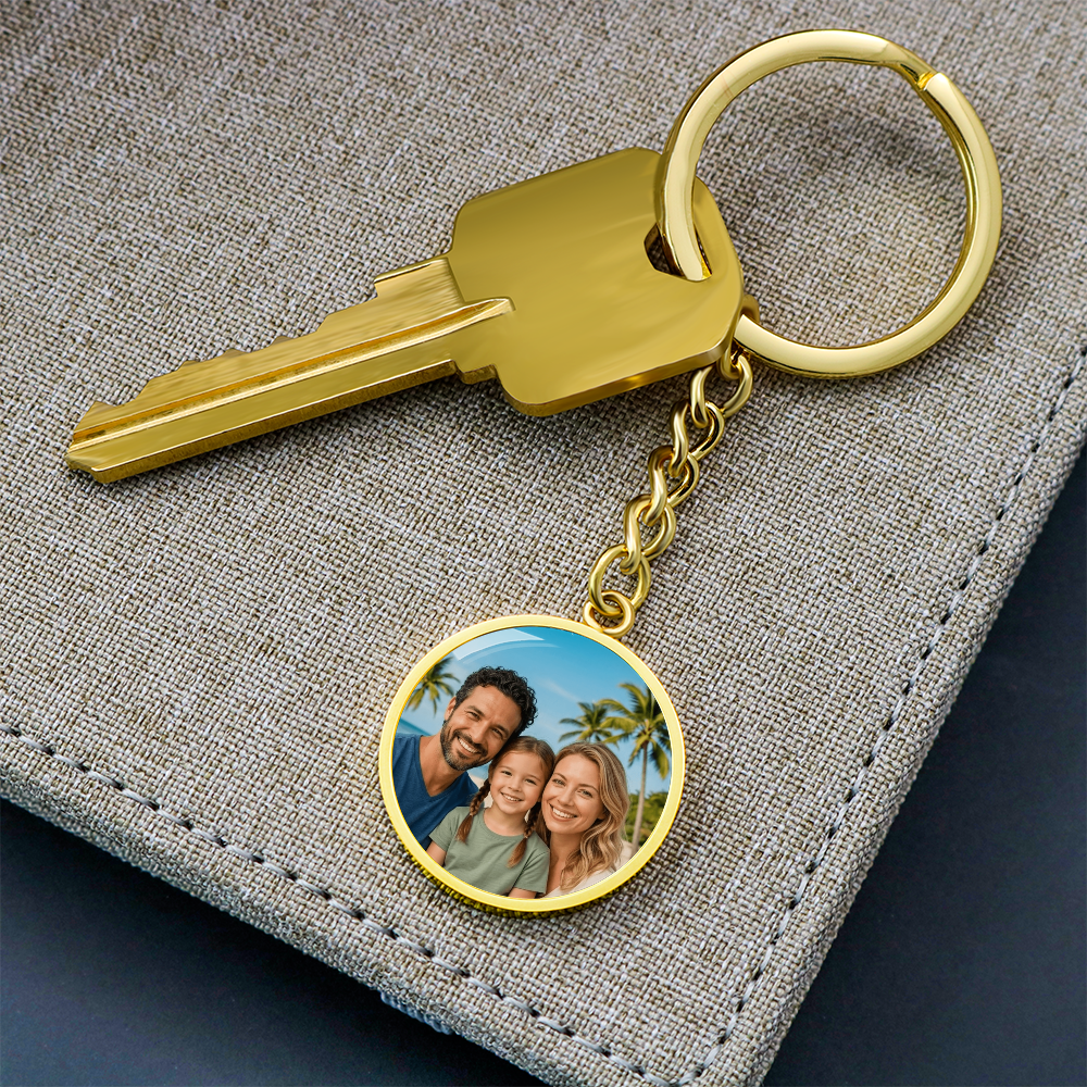 Round personalized keychain shown as everyday carry accessory