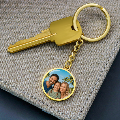 Round personalized keychain shown as everyday carry accessory