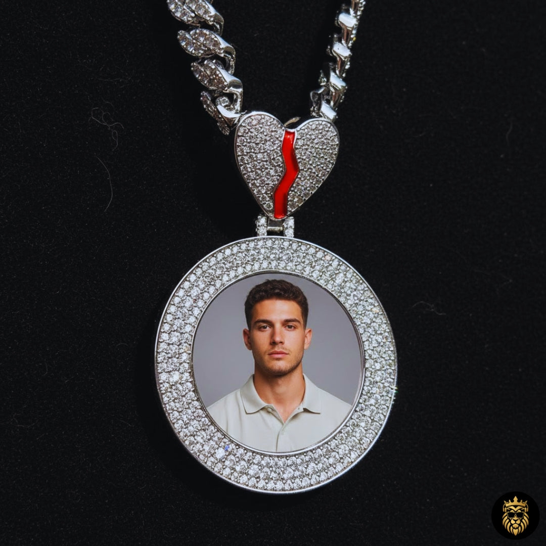 Broken heart jewelry pendant showing custom photo customization
