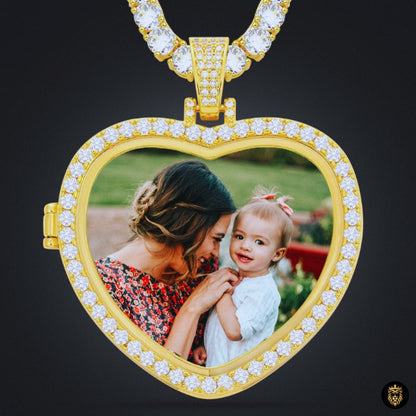 Close-up of custom memory photo necklace with heart shaped pendant design