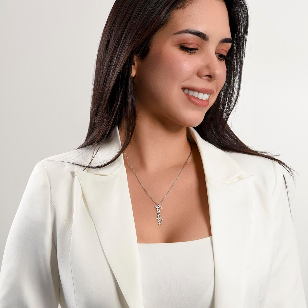 Silver finish vertical bar necklace with engraved custom name