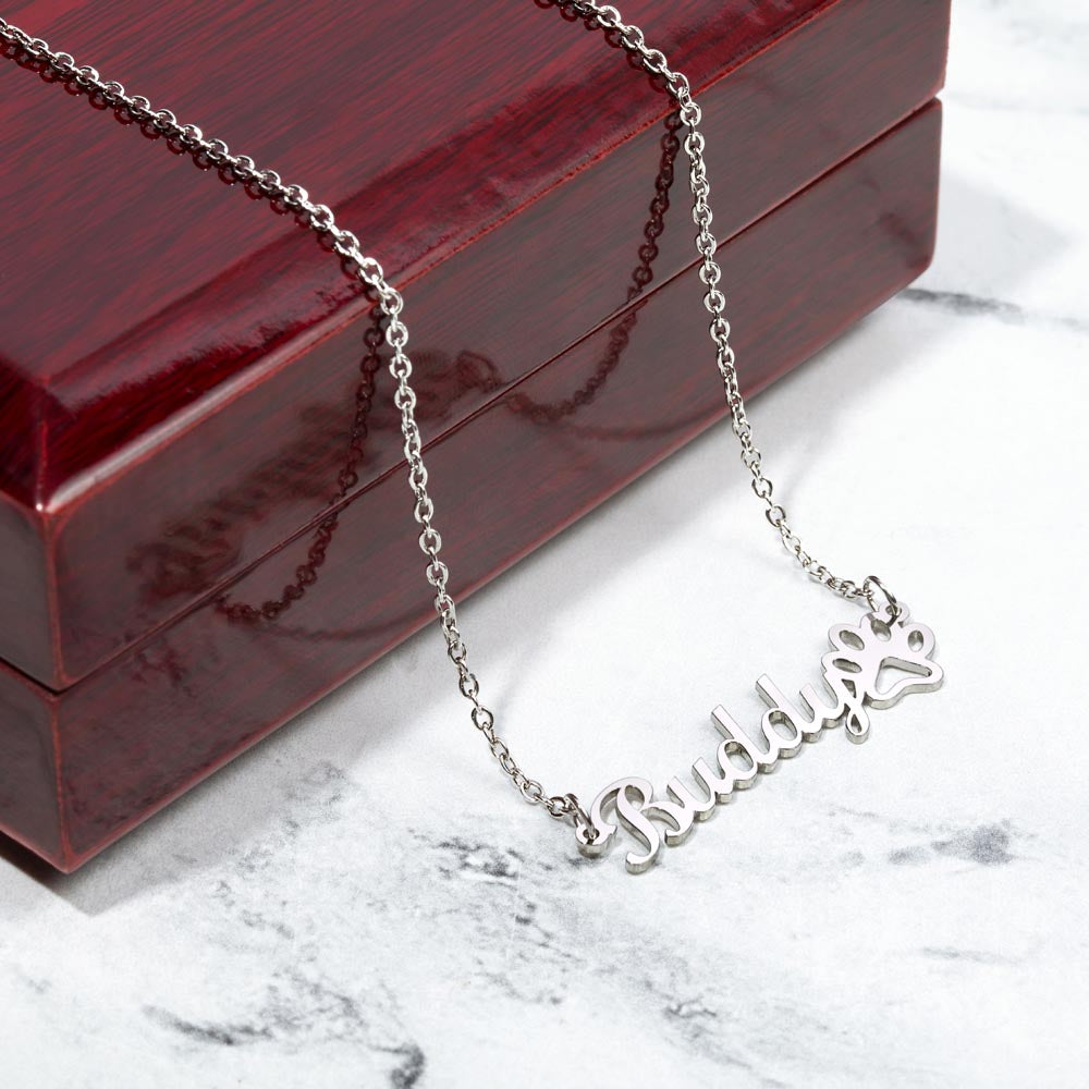 Heart-shaped paw print necklace with custom name engraving for pets