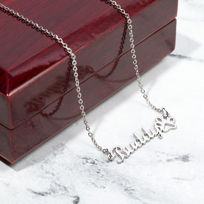 Heart-shaped paw print necklace with custom name engraving for pets