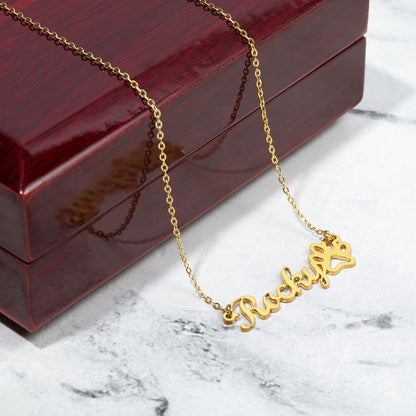 Gold custom paw print name necklace with personalized engraving for pet lovers