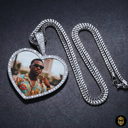 Heart photo medallion necklace with shiny diamond-like stones
