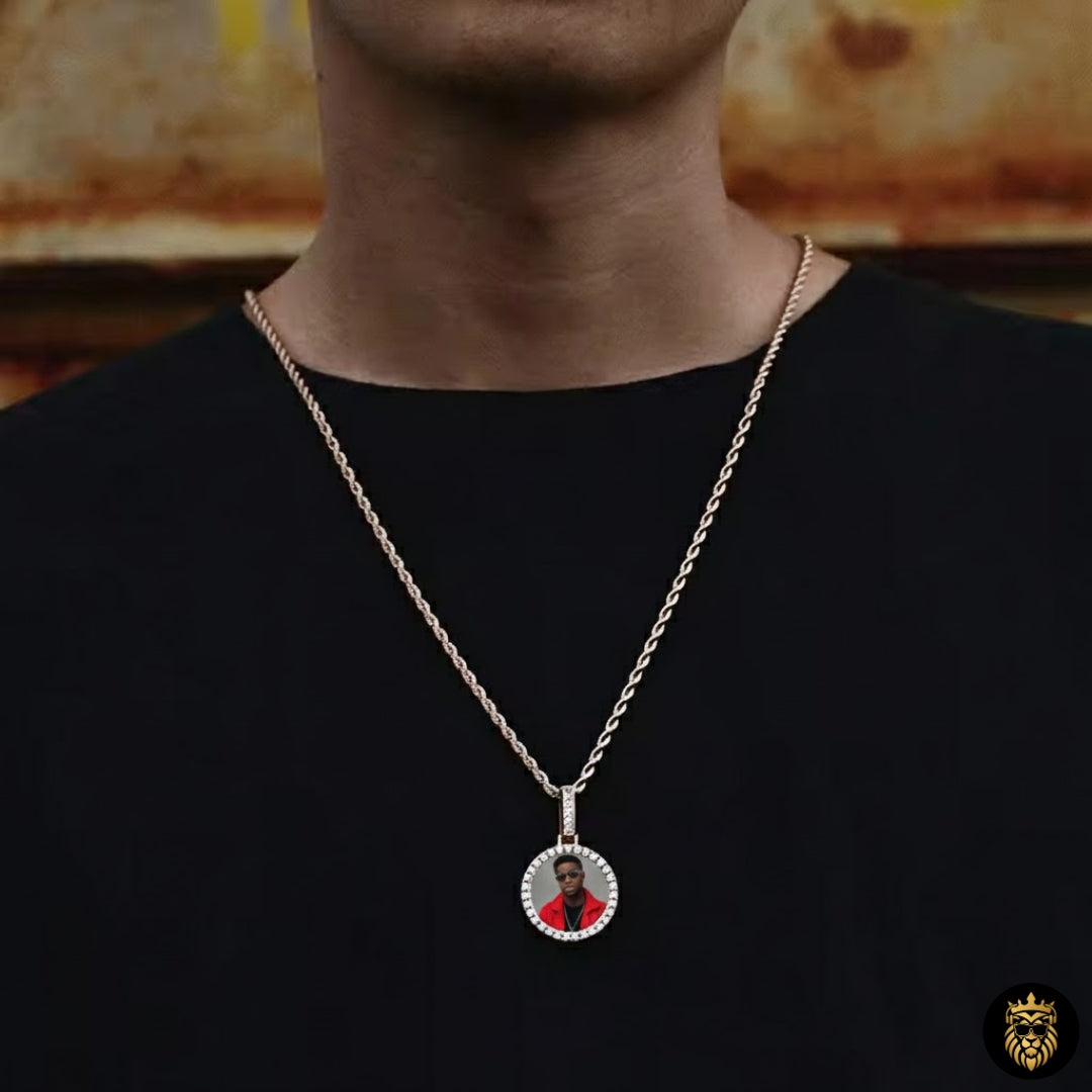 Model wearing custom round photo pendant necklace as hip hop fashion accessory