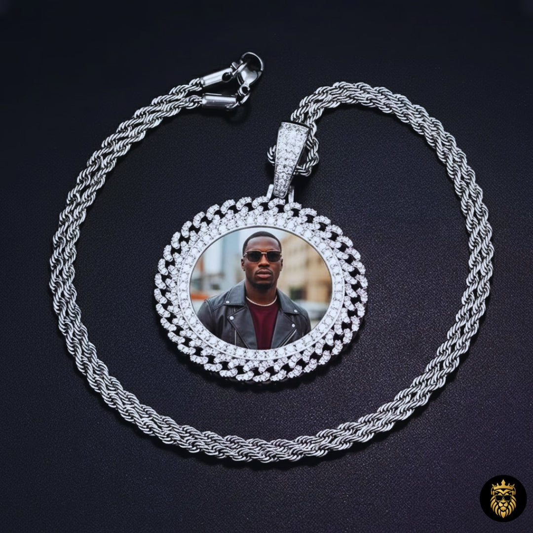 Model wearing Cuban link custom photo medallion necklace in lifestyle streetwear outfit