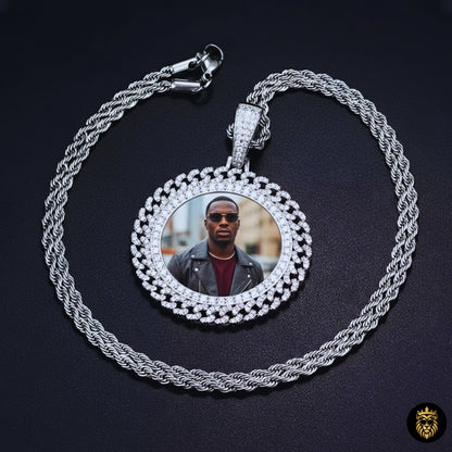 Model wearing Cuban link custom photo medallion necklace in lifestyle streetwear outfit