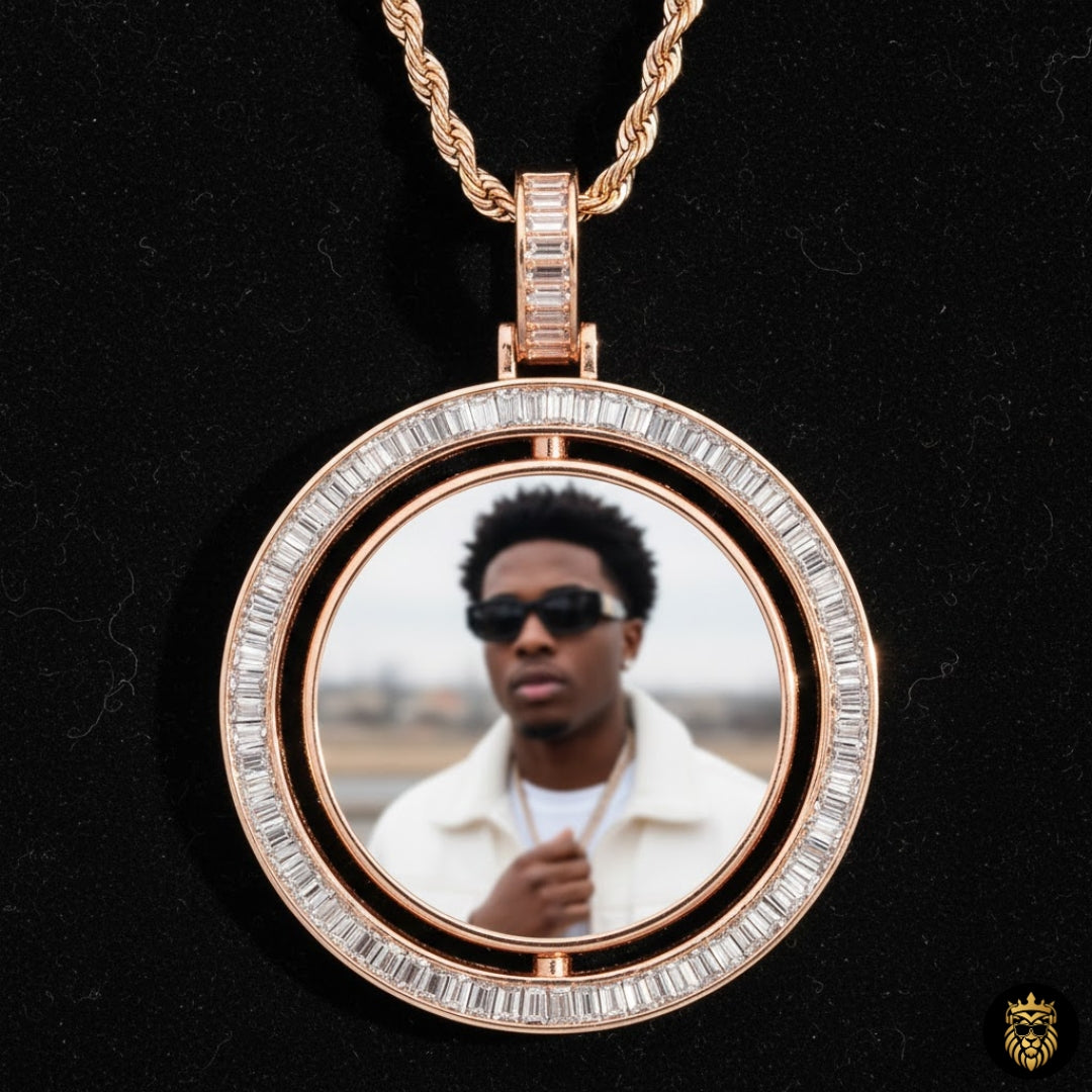 Rotating photo pendant necklace featuring personalized memory insert inside round frame
