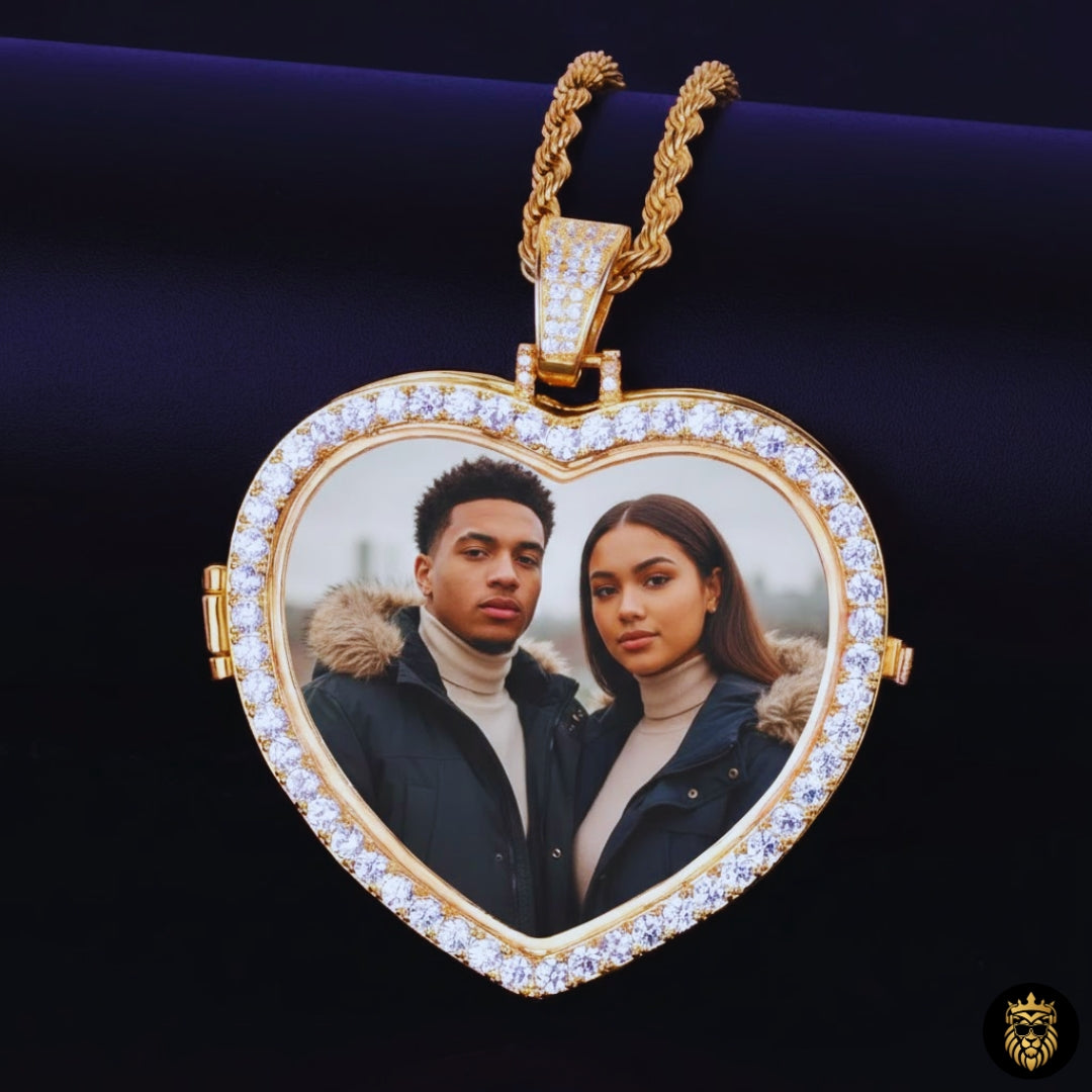 Close-up of custom photo projection necklace in gold finish

