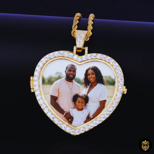 Gold heart necklace with custom photo projection inside pendant
