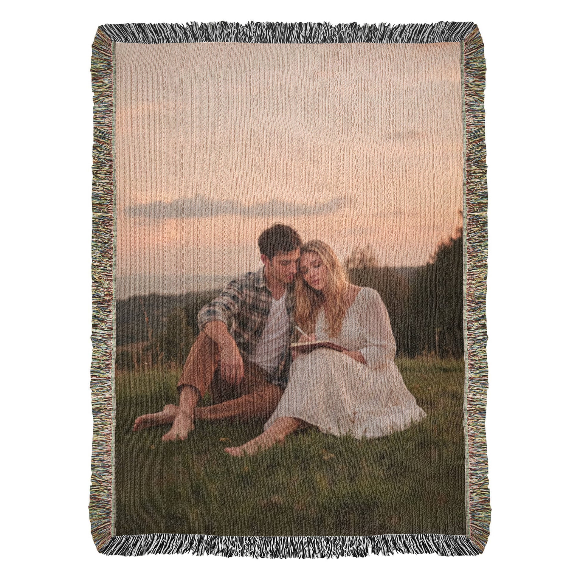 Personalized woven blanket featuring a custom family portrait.