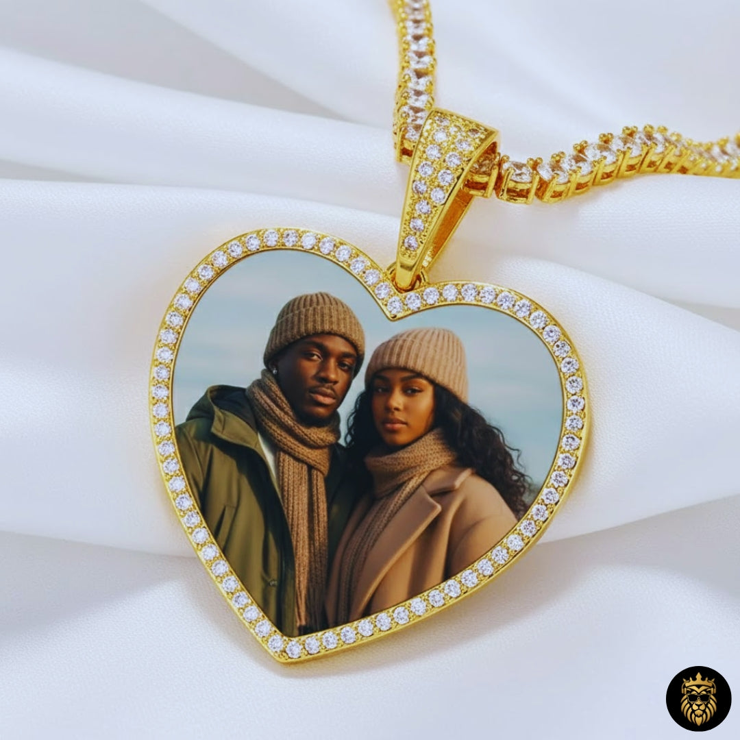 Custom heart necklace displaying a personal photo inside
