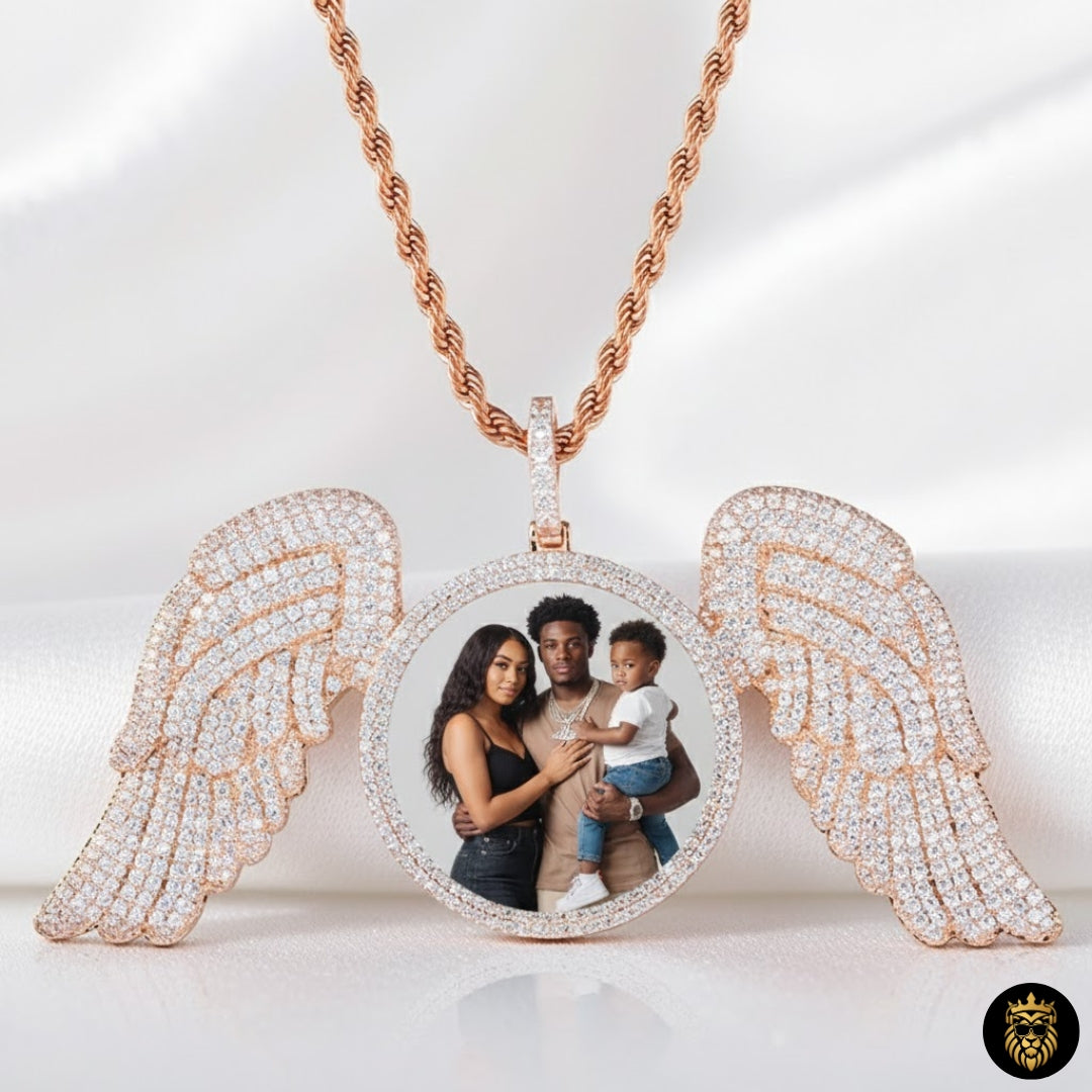 Custom pendant necklace with embedded photo and moissanite stones
