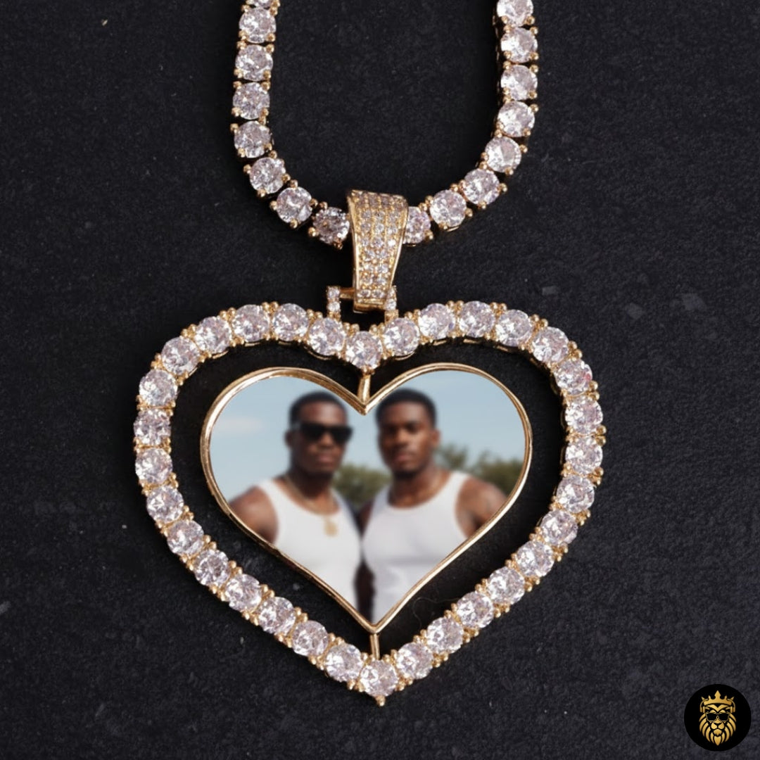 Custom heart medallion necklace with photo inside rotating locket design
