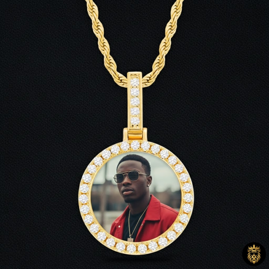 Custom round photo pendant necklace with gold hip hop chain showcasing personalized picture inside medallion