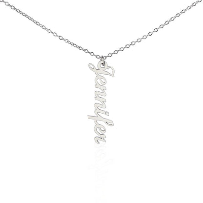 Gold vertical name necklace with custom engraved names for women