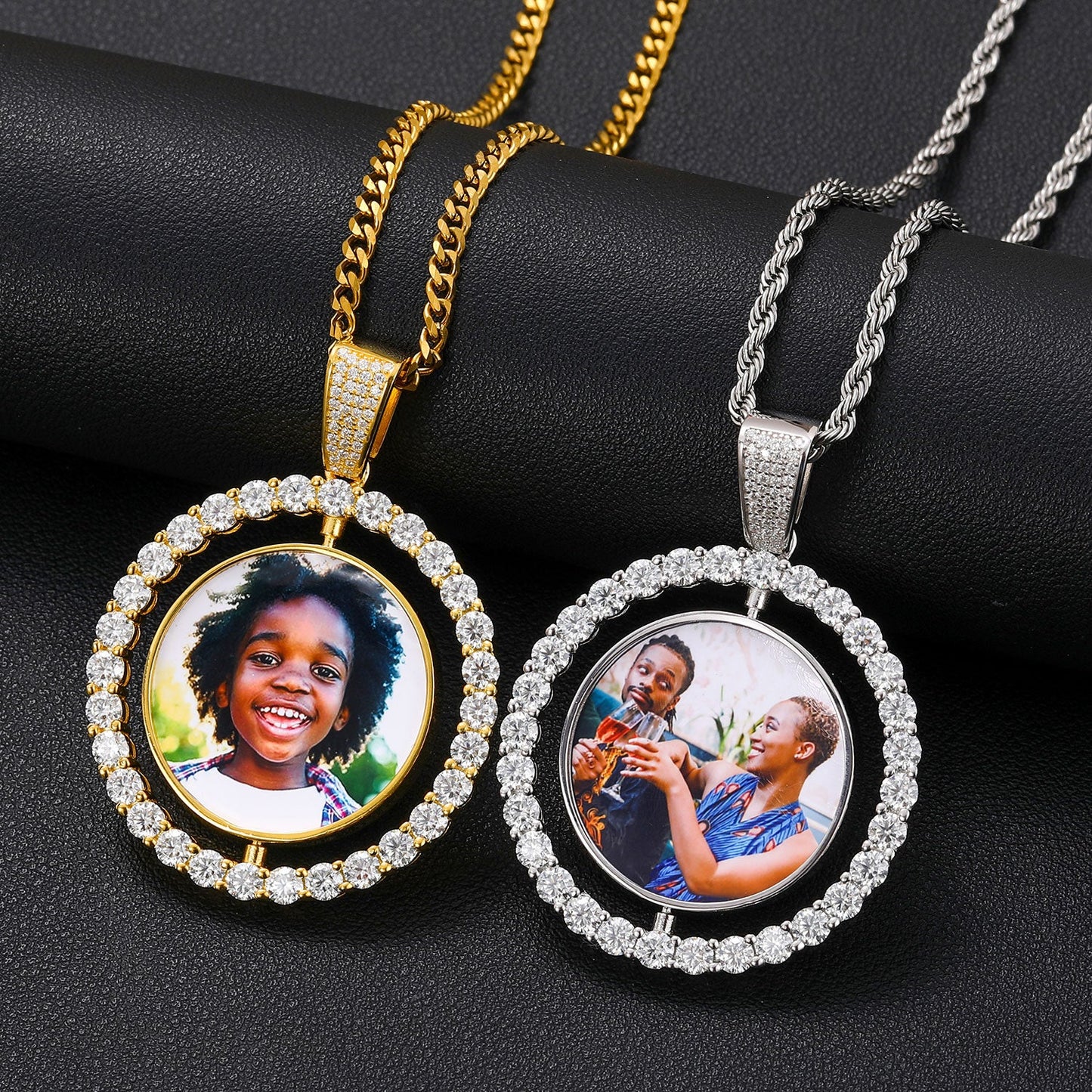 Moissanite Custom Photo Rotating Double-Sided Medallions Pendant Necklace With- GRA Certificate