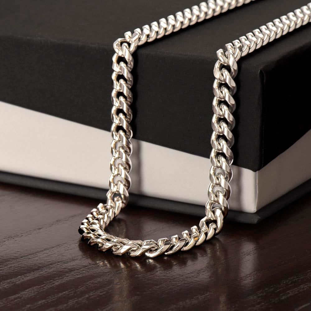 Cuban link chain necklace for dad displayed front view showing detailed metal craftsmanship and masculine design